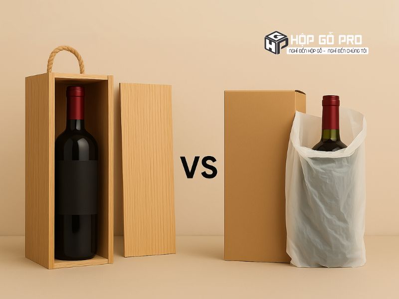Hình ảnh so sánh giữa hộp rượu sang trọng và hộp rượu đơn giản, một bên là hộp gỗ đẹp, bên kia là túi nilon hoặc hộp giấy không vừa chai.
